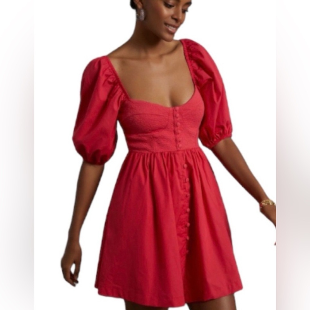 Maeve by Anthropologie Red Mini Dress with Puff Sleeves, Size M, EUC - Picture 1 of 10